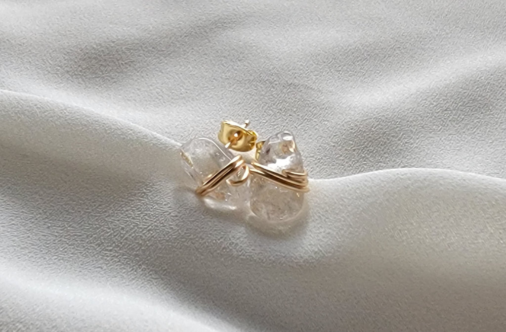 Clear Quartz Stud Earrings - Natural Crystal Earrings, Gold Filled