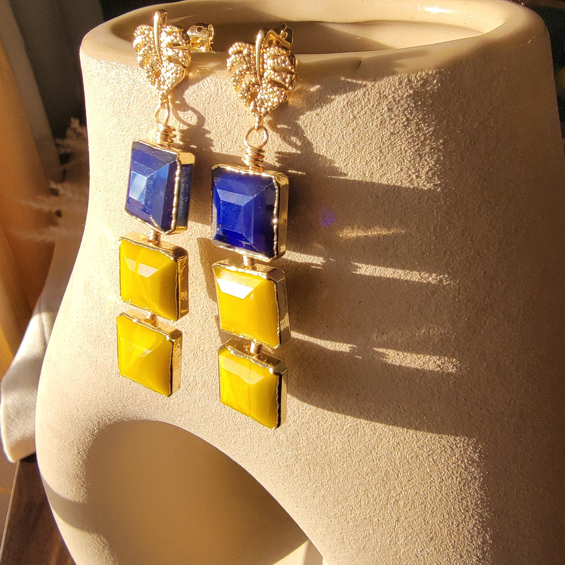 Drop square earrings, Crystal Drop earrings, Summer Earrings - Blue and Yellow Dangle Earrings | Drop Earrings