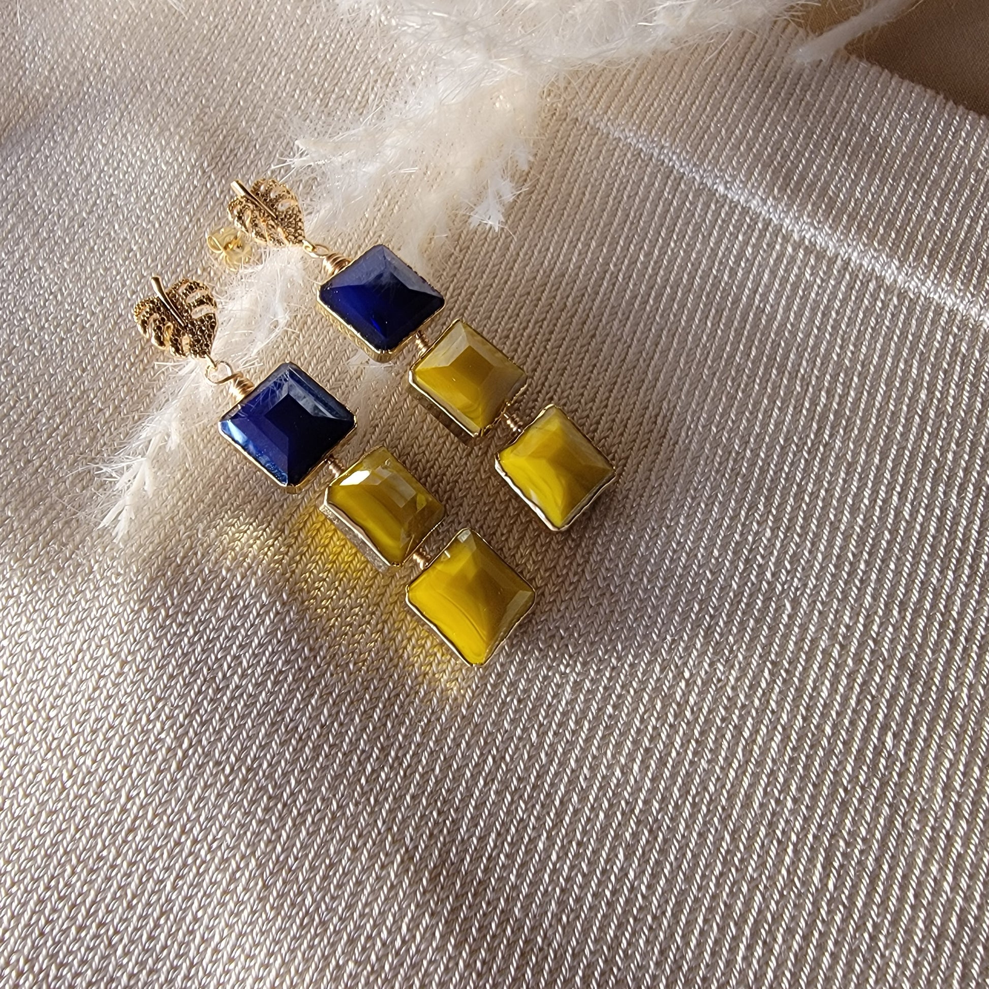 Drop square earrings, Crystal Drop earrings, Summer Earrings - Blue and Yellow Dangle Earrings | Drop Earrings