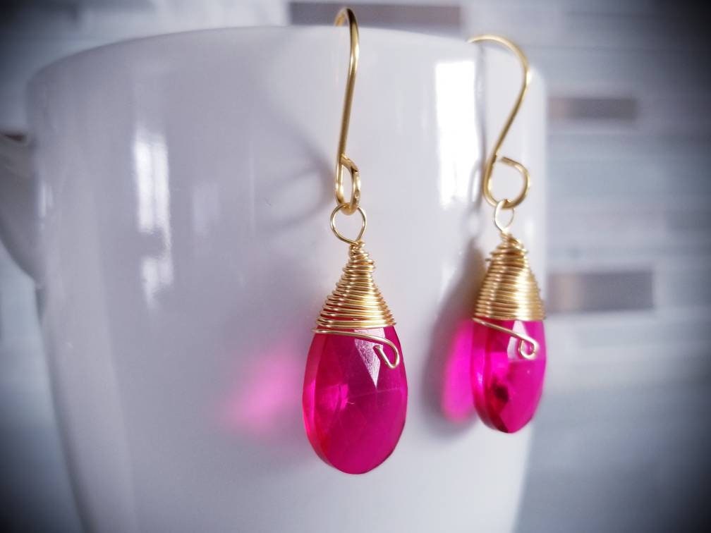 Dainty earrings, Hot pink earrings, Dropping Earrings, Tear drop Earrings, Fuchsia Earrings,  Bridesmaid Teardrop Earrings, Hers Gift