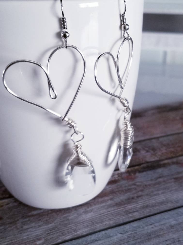 Valentins earring, Clear crystal earrings, Heart hoop earrings, Heart shaped earrings, Clear Silver Earrings, valentine earrings gifted