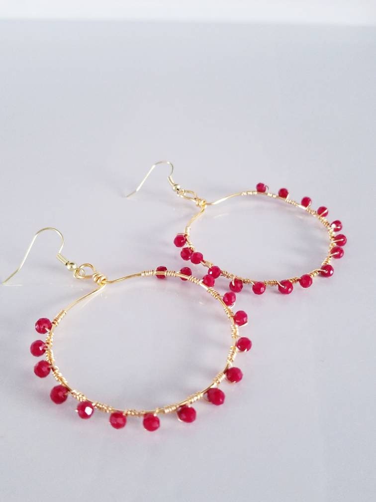 Red hoop earrings, Crystal Hoop Earrings, thin hoop earrings, Red Crystal Earrings, Stone Hoop Earrings, red hoops, valentines earrings