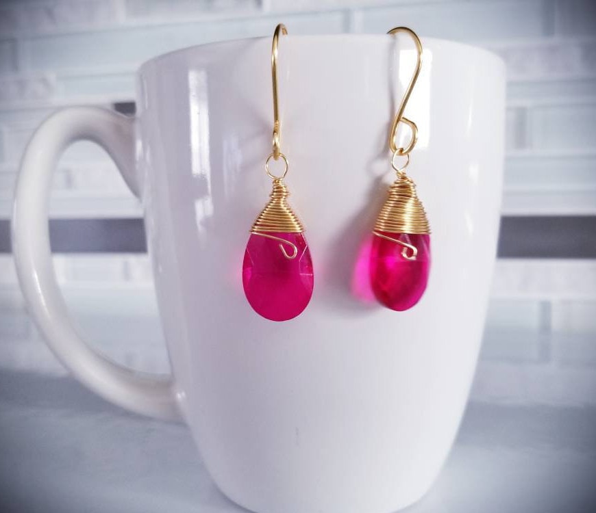 Dainty earrings, Hot pink earrings, Dropping Earrings, Tear drop Earrings, Fuchsia Earrings,  Bridesmaid Teardrop Earrings, Hers Gift