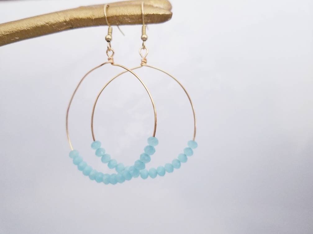 Aquamarine hoop earrings, Aquamarine Birthstone Earrings, Large gold hoop earrings, March birthstone earrings, Gemstone hoop earrings