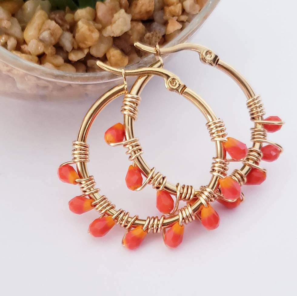 Orange hoop earrings, Gold hoop earrings, Orange Earrings, Burnt Orange Crystal Hoop Earrings, Gift For Her, Boho Chic Bridal Hoop Earrings