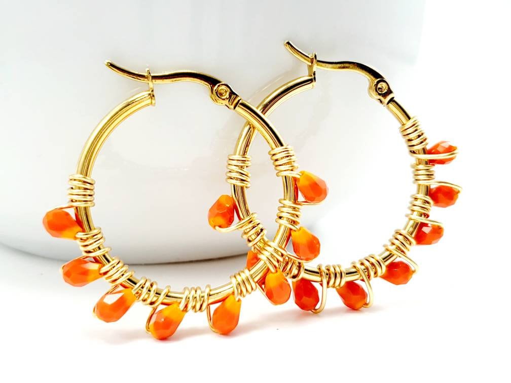 Orange hoop earrings, Gold hoop earrings, Orange Earrings, Burnt Orange Crystal Hoop Earrings, Gift For Her, Boho Chic Bridal Hoop Earrings