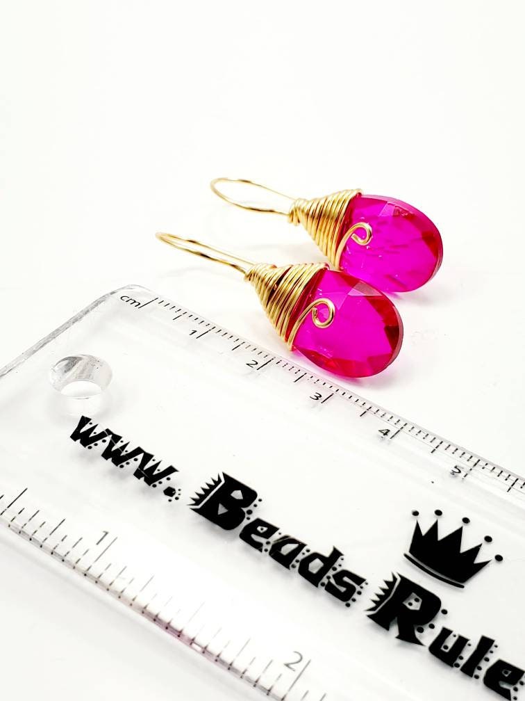 Dainty Earrings, Hot pink earrings, Fuchsia earrings, Tear drop earrings, Drops earring, Dropping Earrings, Gold Earring Crystal, For-Her