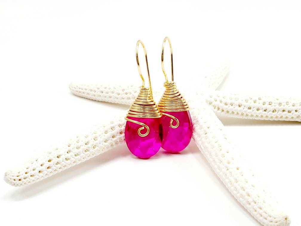 Dainty Earrings, Hot pink earrings, Fuchsia earrings, Tear drop earrings, Drops earring, Dropping Earrings, Gold Earring Crystal, For-Her