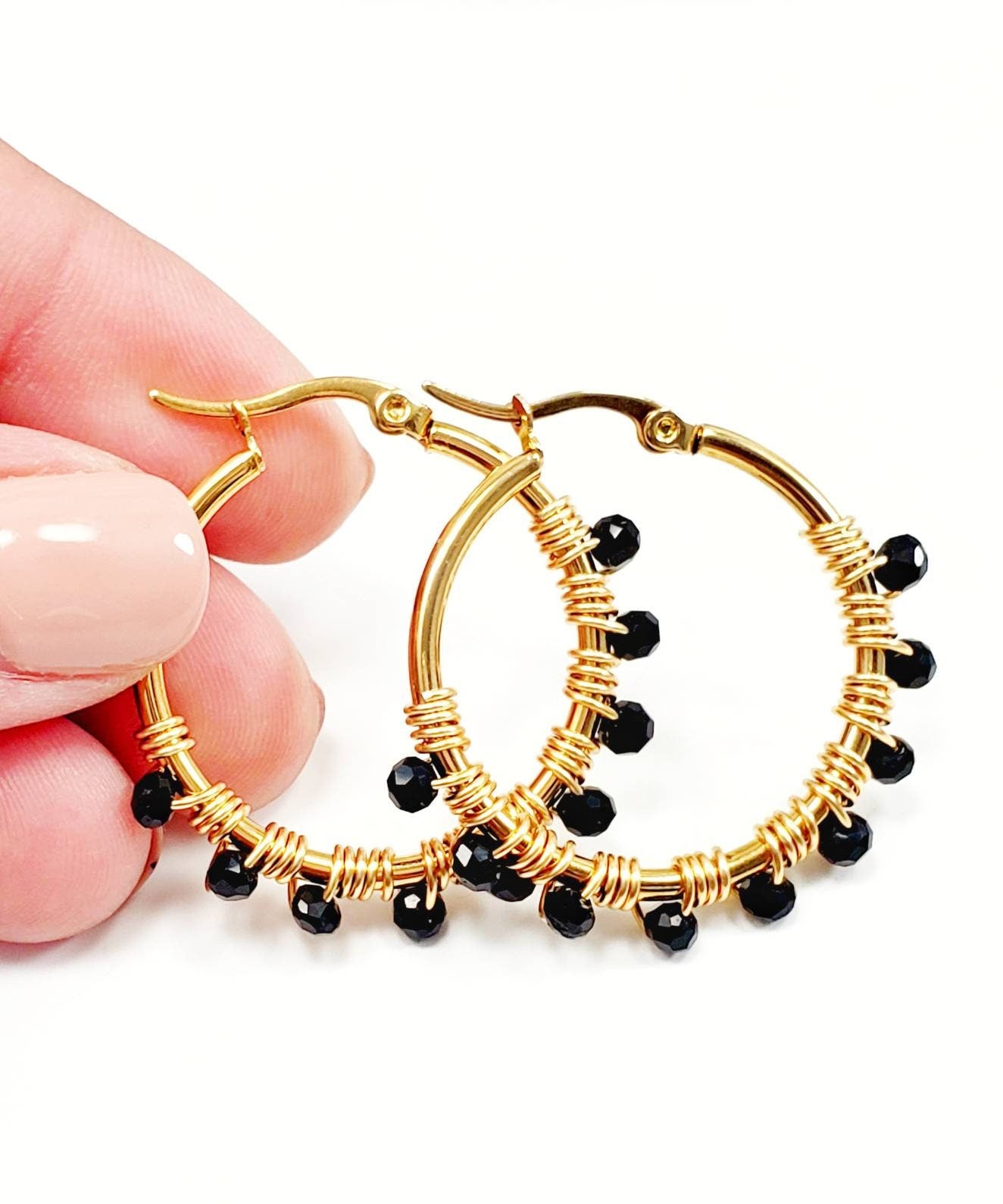 Dainty hoops, Black Hoops, Gold filled hoop earrings, Thin hoop earrings, Dainty Hoop Gold, Small Crystal Hoop, Minimalistic Hoops,Hers gift
