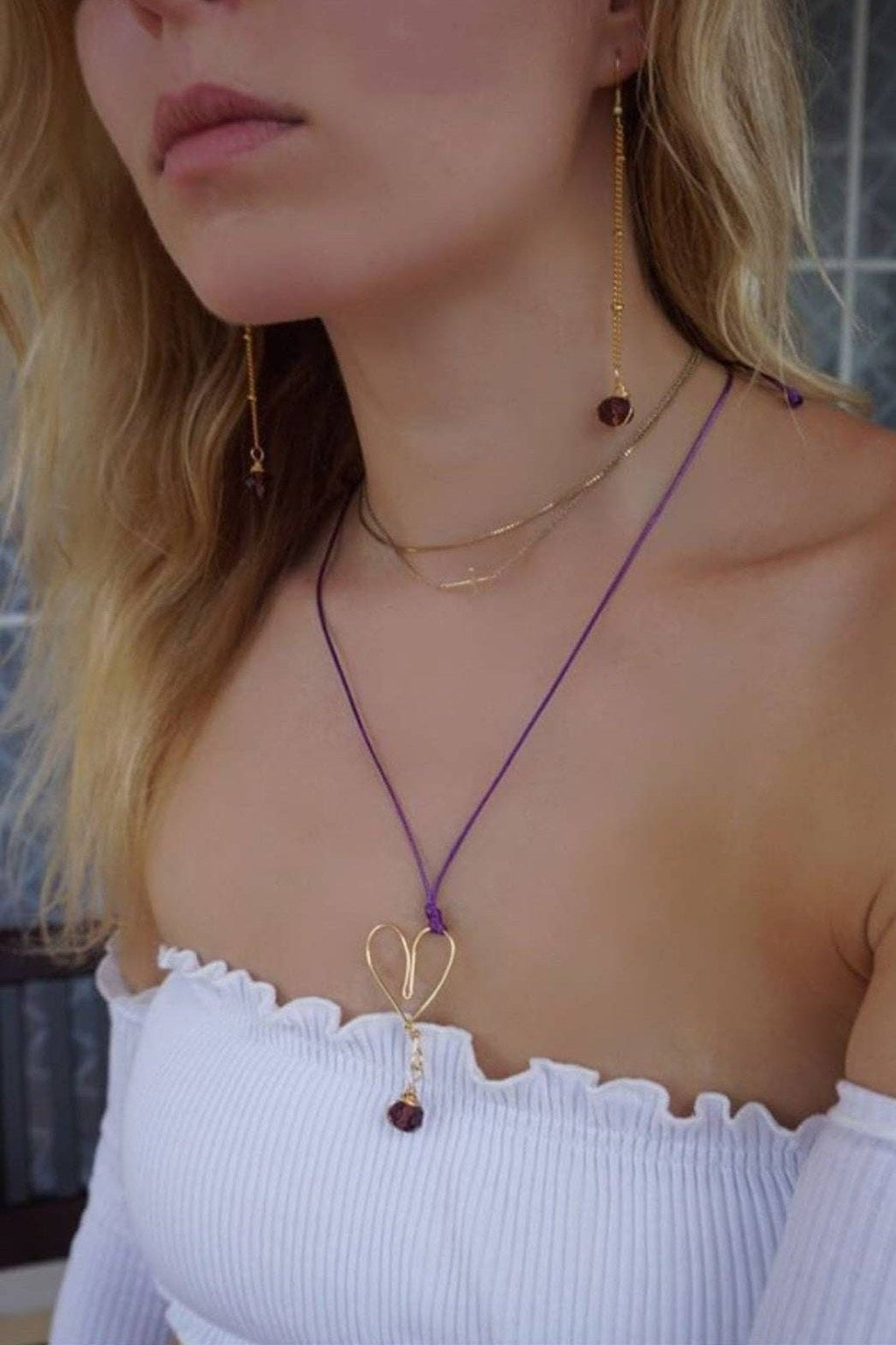 Purple Heart Necklace, Cord necklace with pendant, Cord necklace for women, Cord necklace with charm, Waxed cord necklace,Long necklace cord