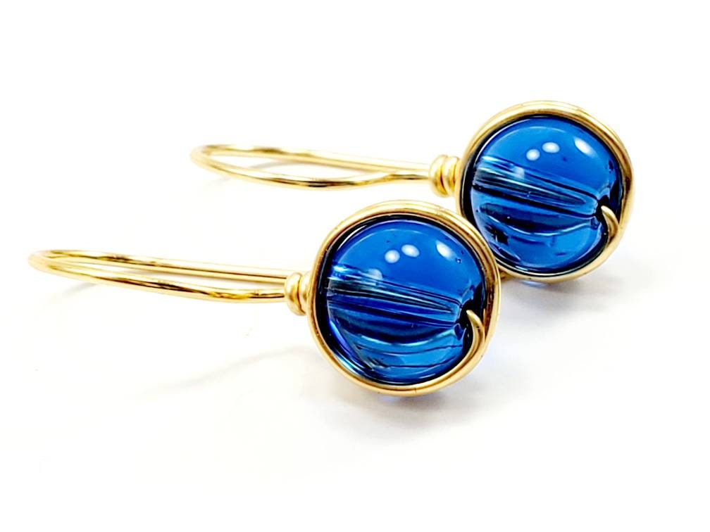 Tiny drop earrings, Wire Wrapped Dangle Earrings, Royal blue Earrings, Asymmetrical earrings, 1st mothers day gift