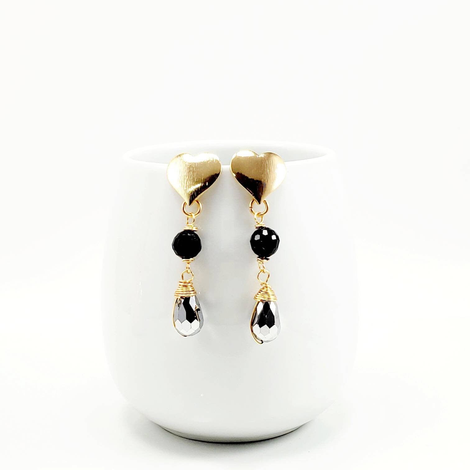 Earrings brides maid, Crystal earrings, Drops earrings, Black-earrings, Long drops earrings, minimalistic drop earrings, Heart earrings
