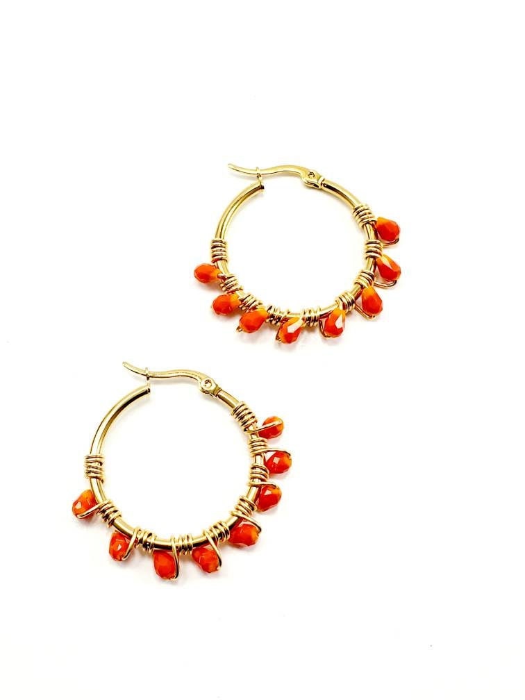 Orange hoop earrings, Gold hoop earrings, Orange Earrings, Burnt Orange Crystal Hoop Earrings, Gift For Her, Boho Chic Bridal Hoop Earrings