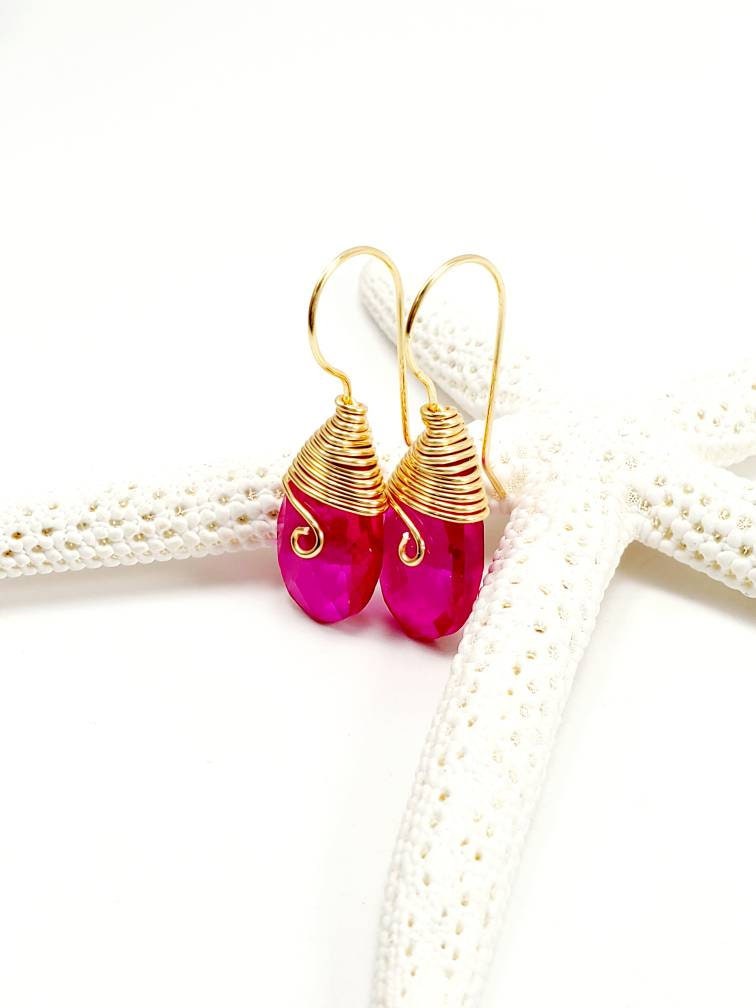 Dainty Earrings, Hot pink earrings, Fuchsia earrings, Tear drop earrings, Drops earring, Dropping Earrings, Gold Earring Crystal, For-Her