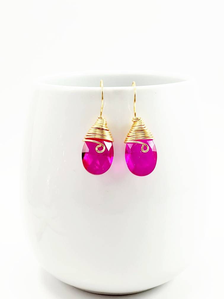 Dainty Earrings, Hot pink earrings, Fuchsia earrings, Tear drop earrings, Drops earring, Dropping Earrings, Gold Earring Crystal, For-Her