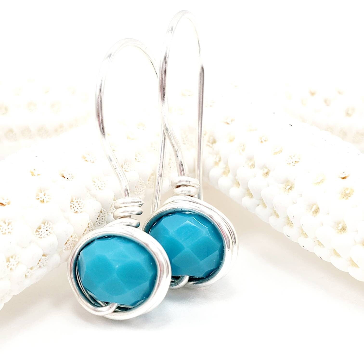 Wire wrapped earring, Blue Small crystal earrings, Tiny drop earrings, Hypoallergenic earrings, everyday earrings, bridesmaid gifts