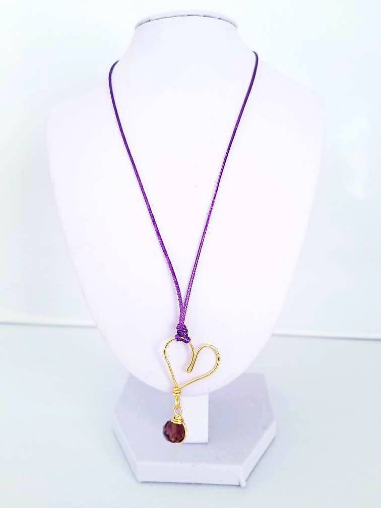 Purple Heart Necklace, Cord necklace with pendant, Cord necklace for women, Cord necklace with charm, Waxed cord necklace,Long necklace cord