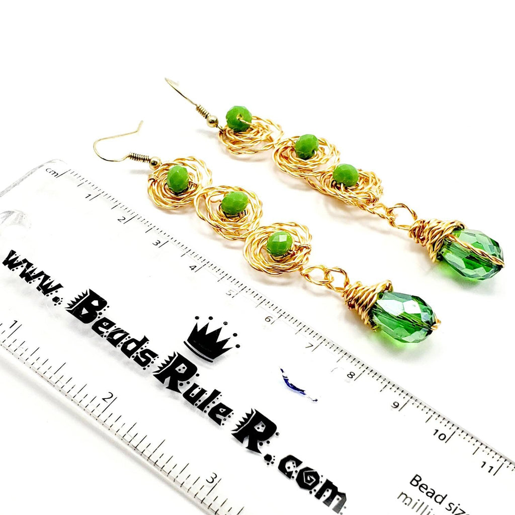 Extra long earrings, Long bridal earrings, Green stone earrings, Crystal earrings dangle, Asymmetrical earrings, Wire wrapped earrings