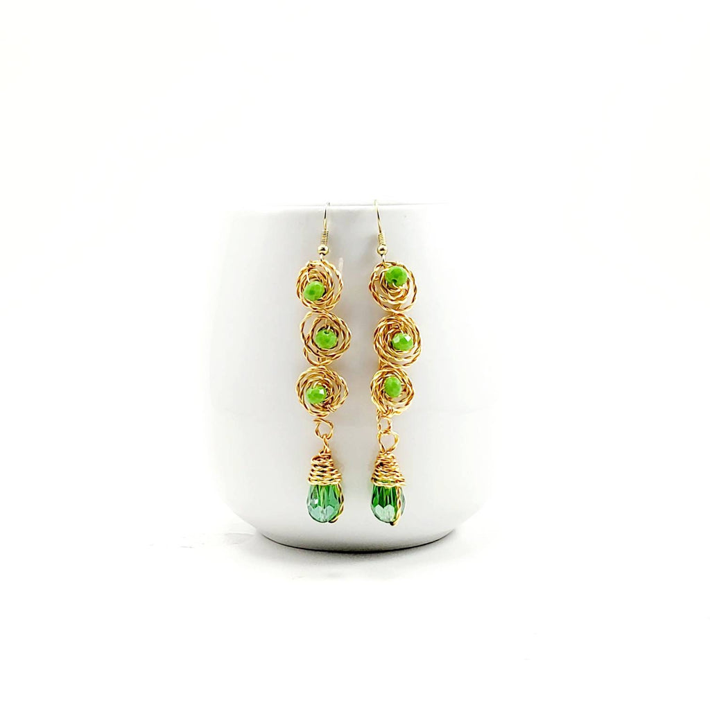Extra long earrings, Long bridal earrings, Green stone earrings, Crystal earrings dangle, Asymmetrical earrings, Wire wrapped earrings