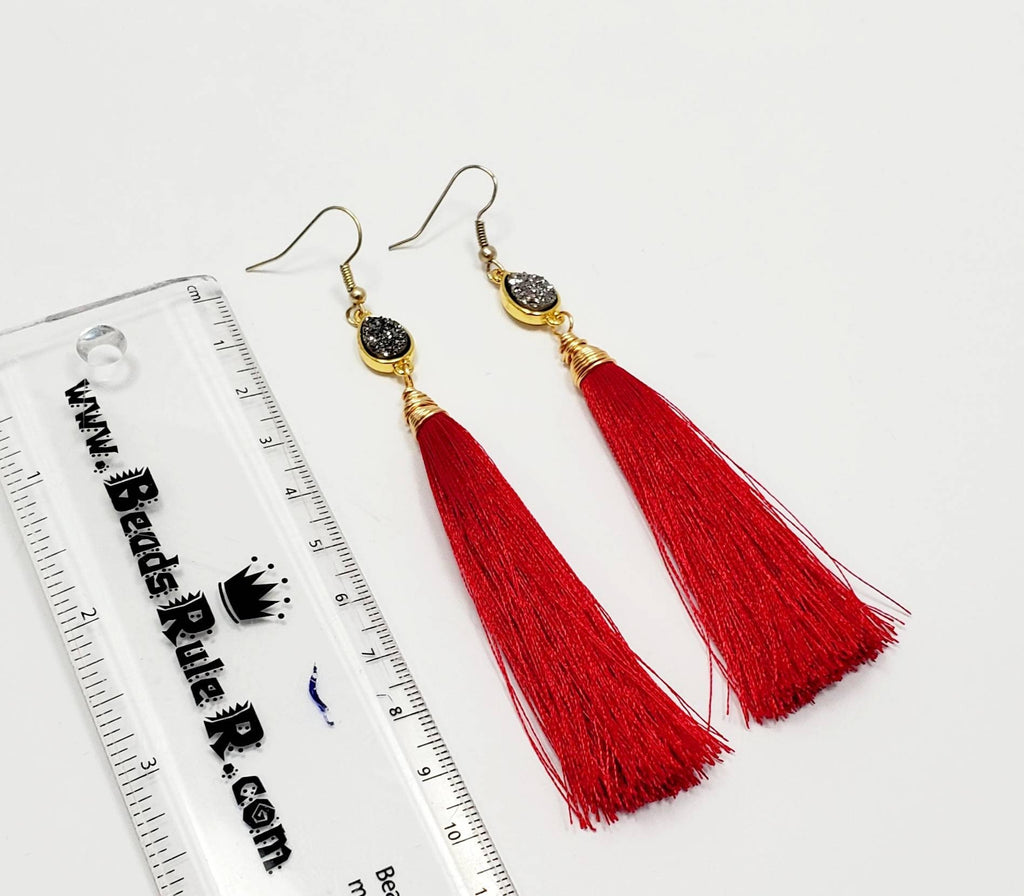 Tassel earrings, Druzy Earrings, Red tassel earrings, Fringe tassel earrings, Boho Large Tassel Earrings, colorful tassels, simple tassel