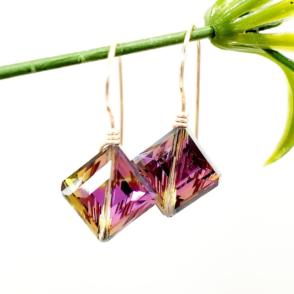 Rhombus Crystal Earrings, asymmetrical earrings, Semi precious stone earrings, Geometric minimal earrings, Rainbow crystal earrings