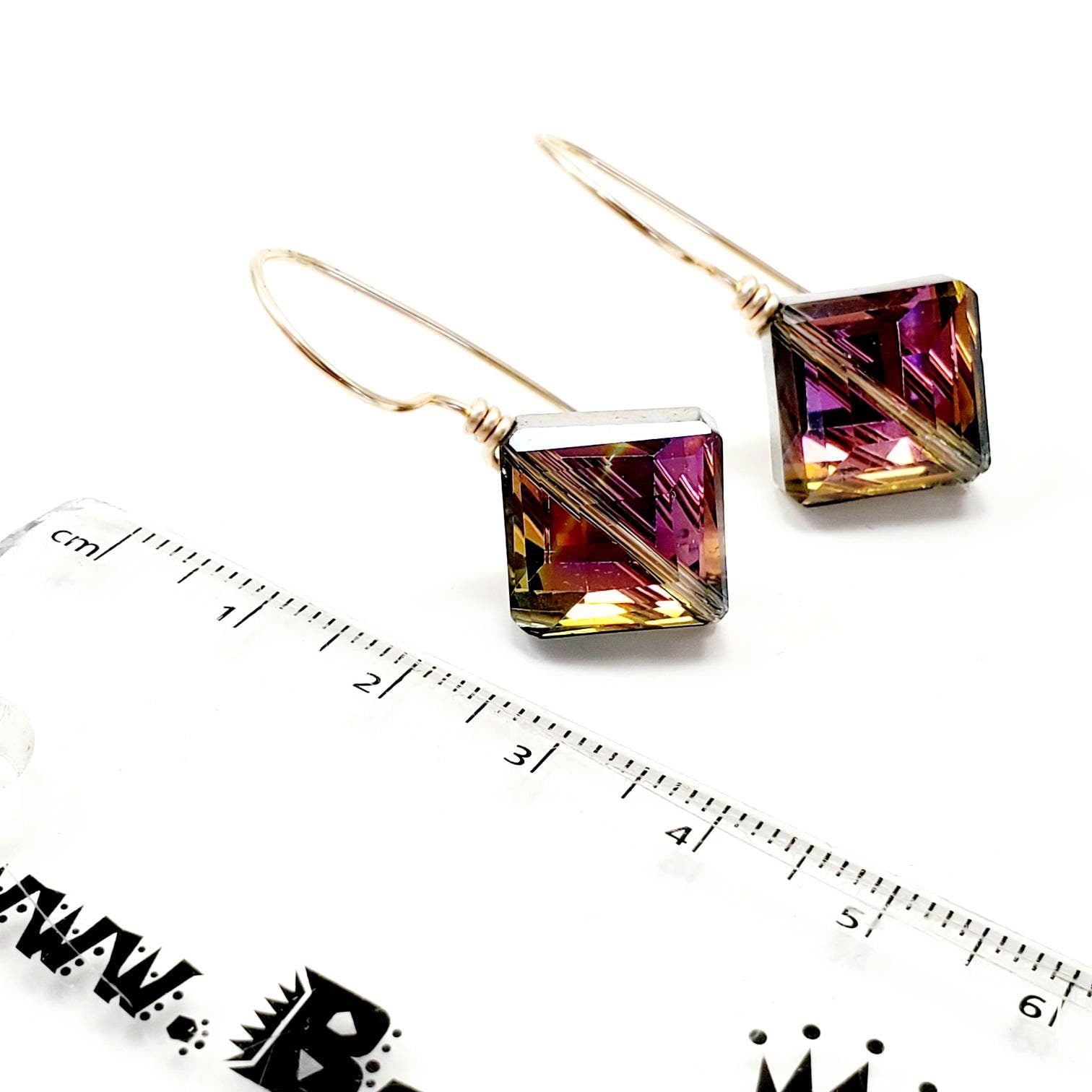 Rhombus Crystal Earrings, asymmetrical earrings, Semi precious stone earrings, Geometric minimal earrings, Rainbow crystal earrings