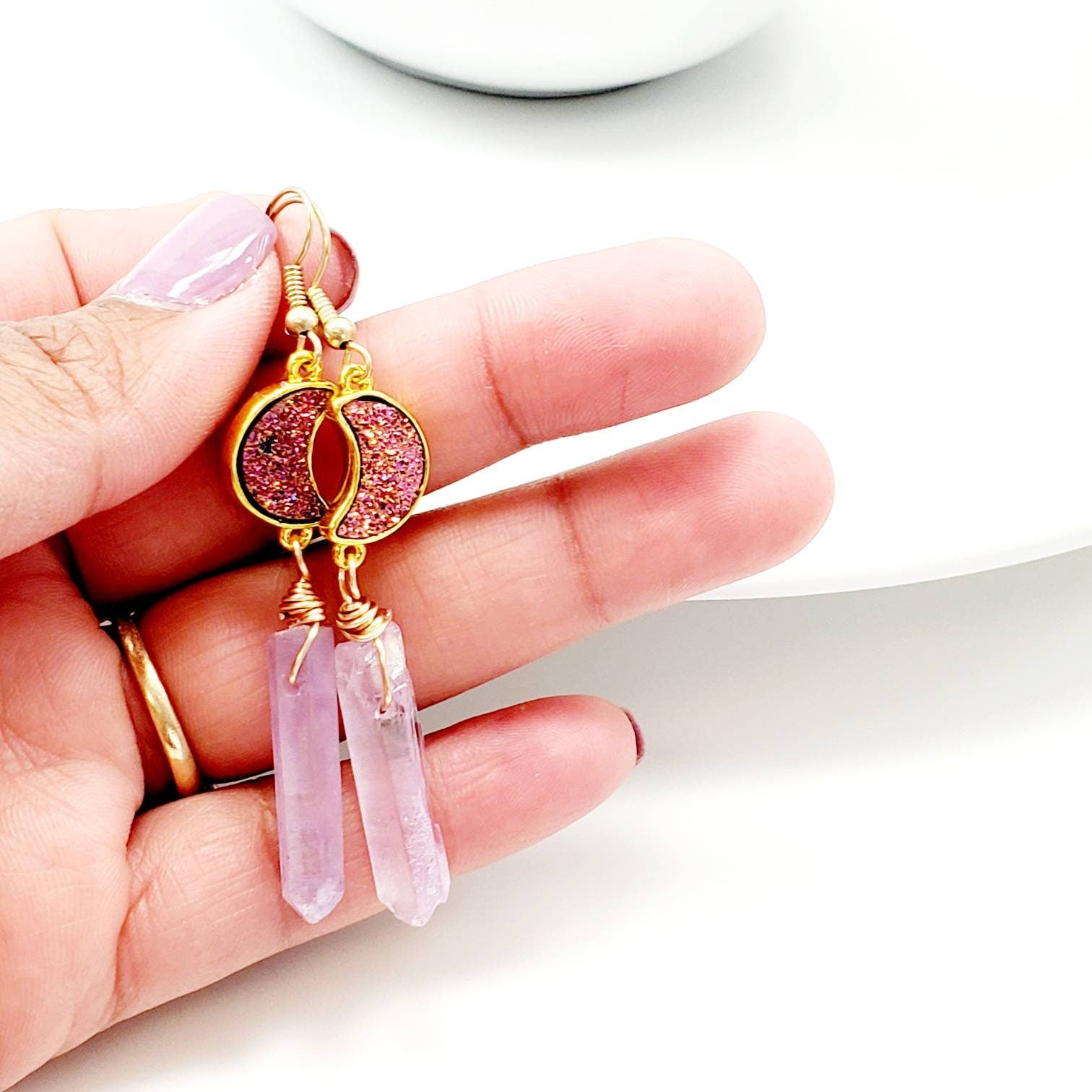 Rose Quartz Earrings, Raw Crystal Earrings, Genuine Rose Quartz Jewelry, Gemstone Earrings, Rose Quartz Gold Earings Birthstone Earrings