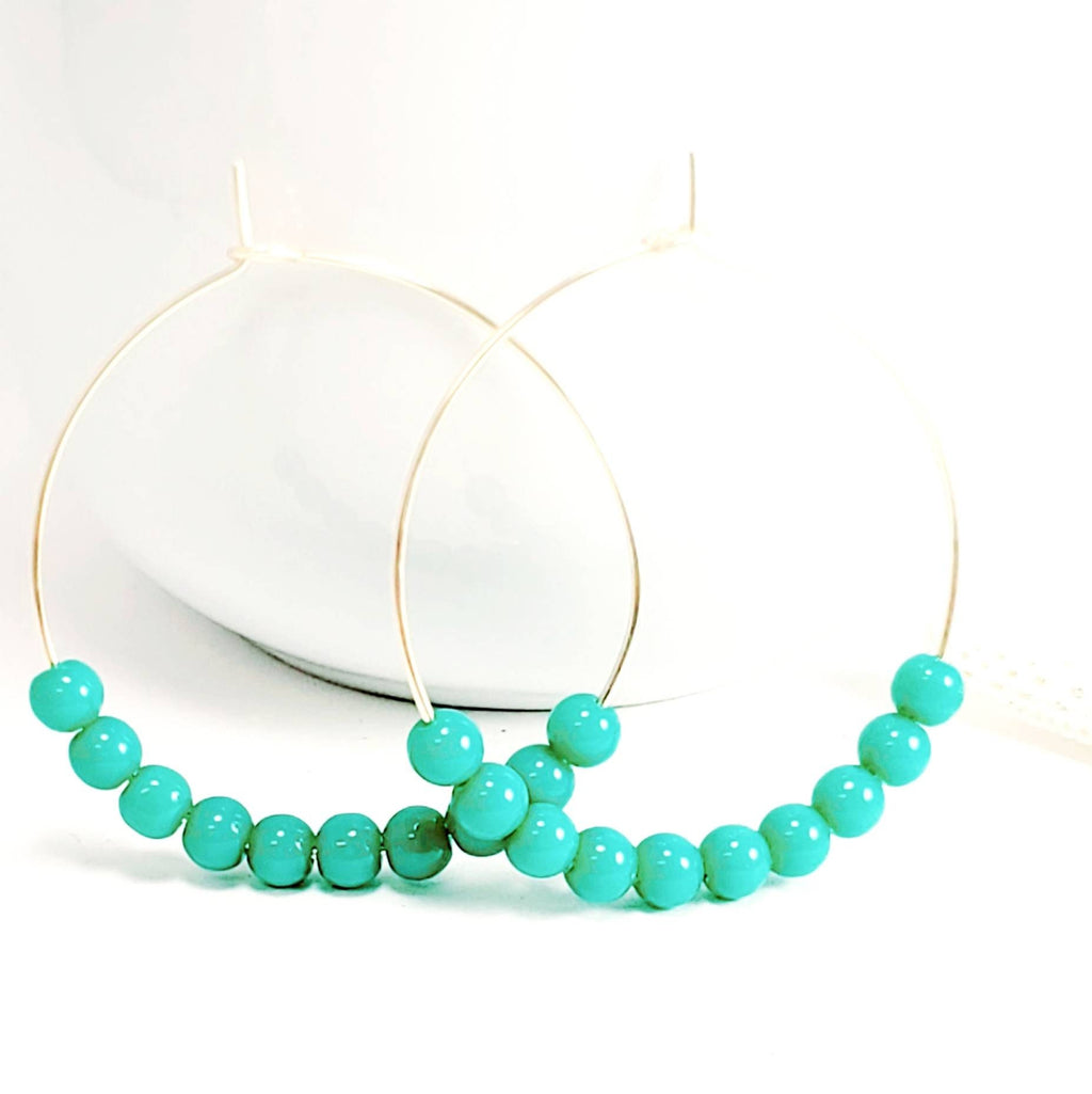 Green Beaded hoop earrings, Turquoise hoop earrings, Large thin hoop earrings, Thin hoop earrings, Beaded hoop earrings, Big hoop earrings