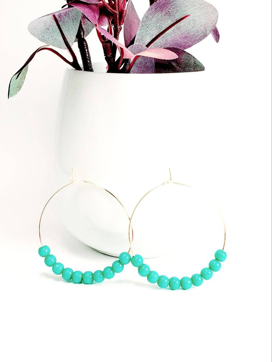 Green Beaded hoop earrings, Turquoise hoop earrings, Large thin hoop earrings, Thin hoop earrings, Beaded hoop earrings, Big hoop earrings