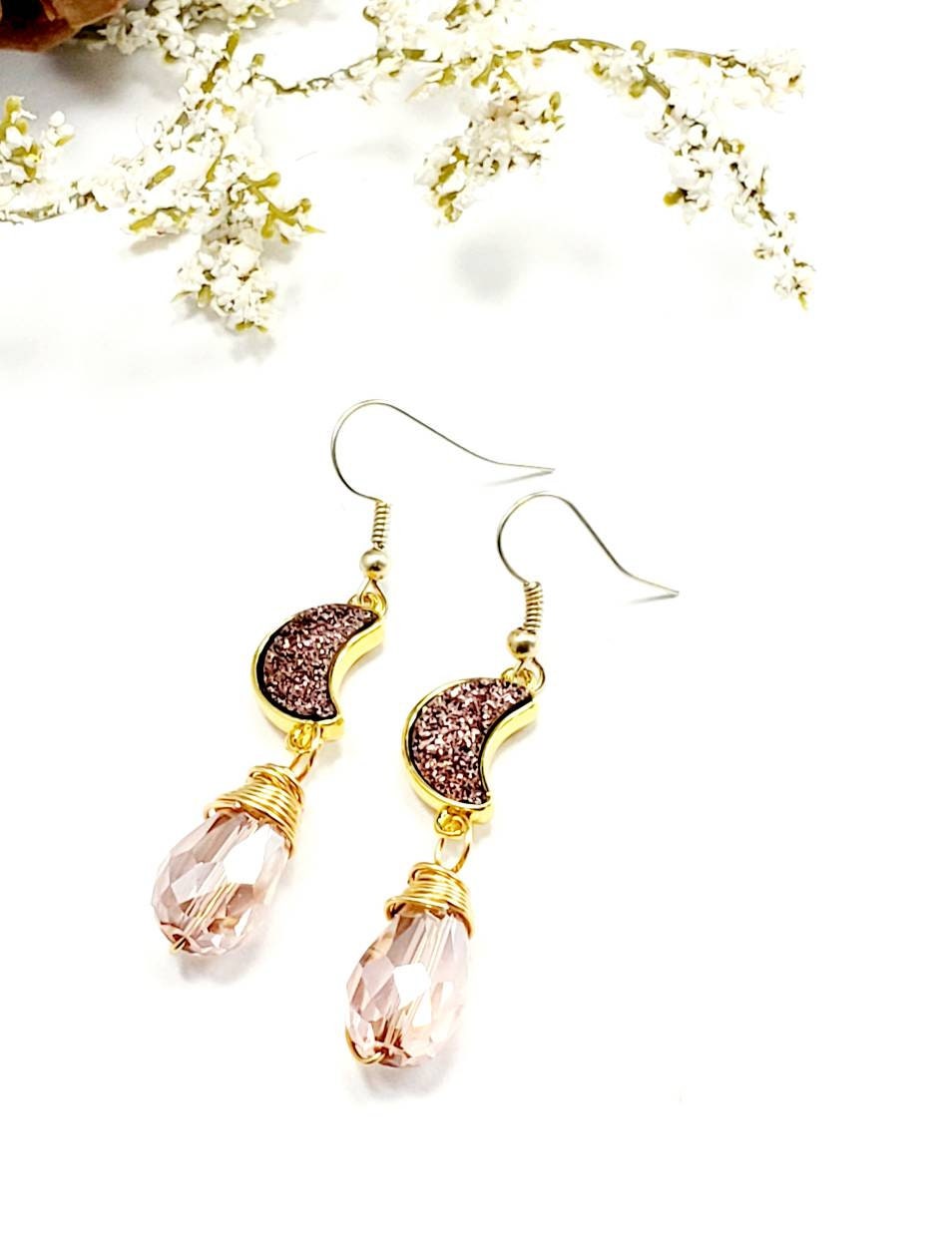 Pink Teardrop Earrings, Earrings brides maid, Crystal earrings, Drops earrings, Long drops earrings, minimalistic drop earrings, Gifteds
