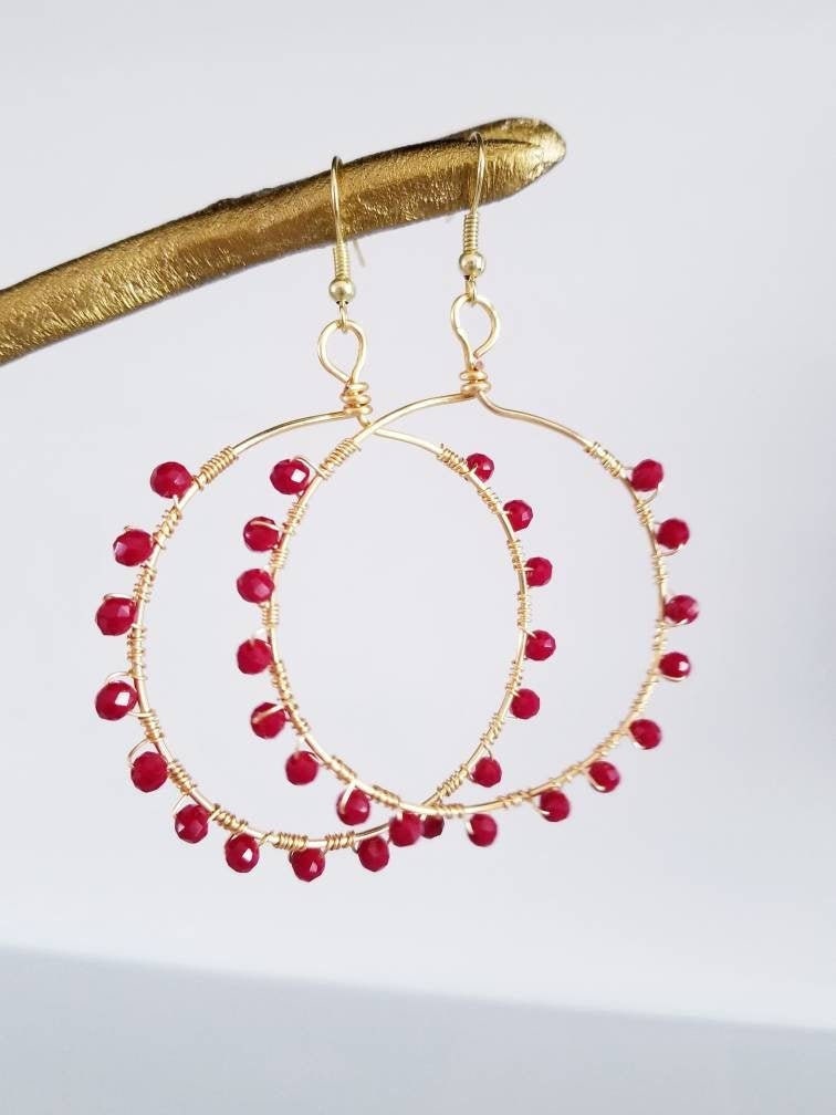 Red hoop earrings, Crystal Hoop Earrings, thin hoop earrings, Red Crystal Earrings, Stone Hoop Earrings, red hoops, valentines earrings