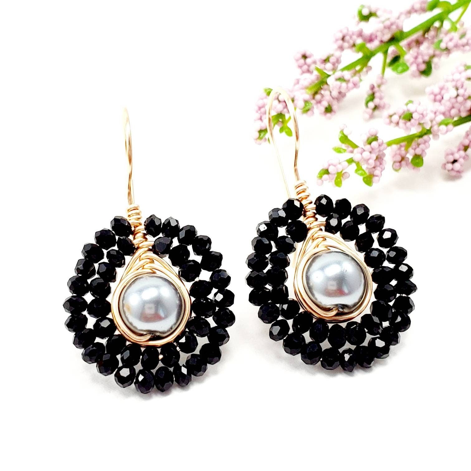 black earrings, Black pearl earrings, Chunky black earrings, Asymmetrical earrings, Teardrop pearl earrings,