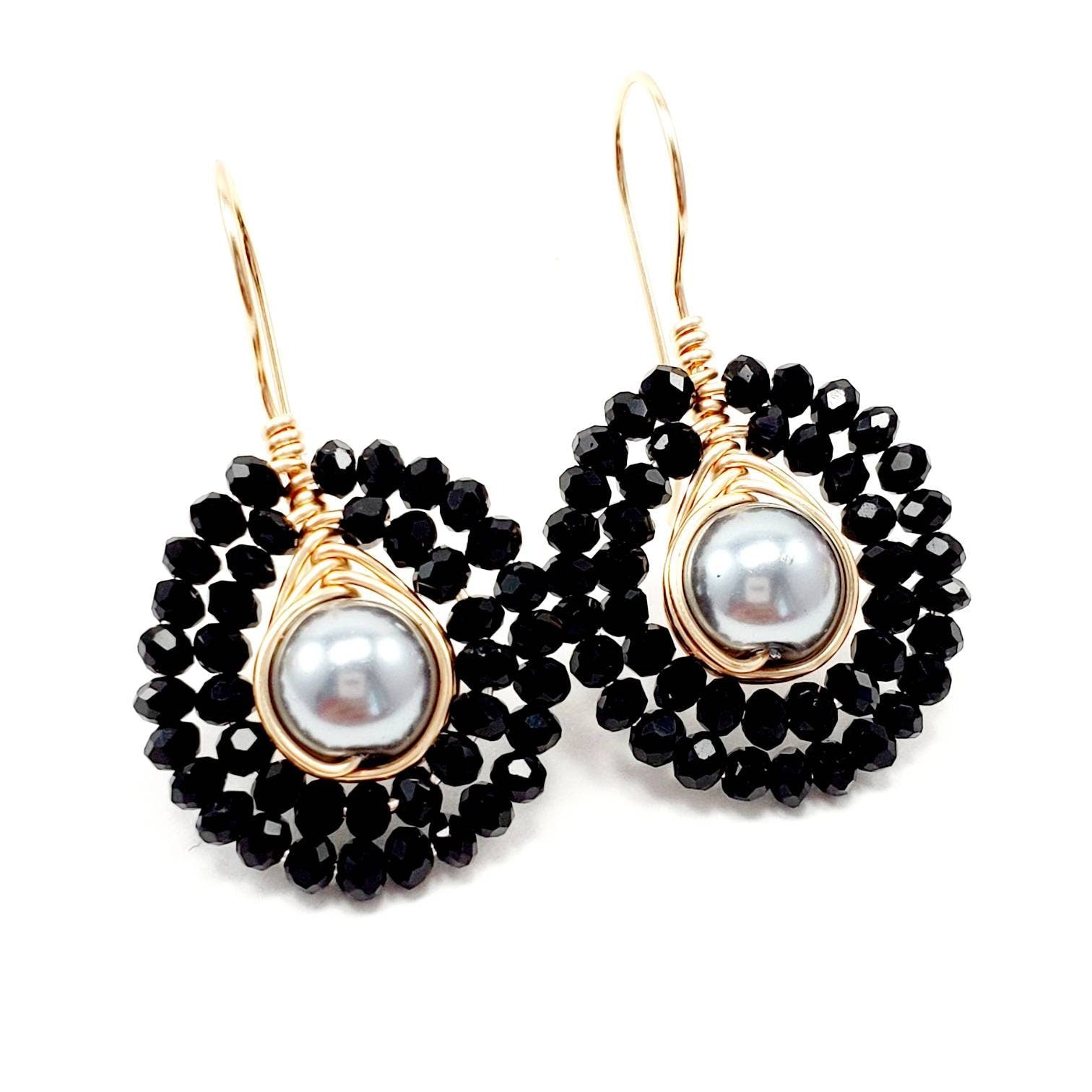 black earrings, Black pearl earrings, Chunky black earrings, Asymmetrical earrings, Teardrop pearl earrings,