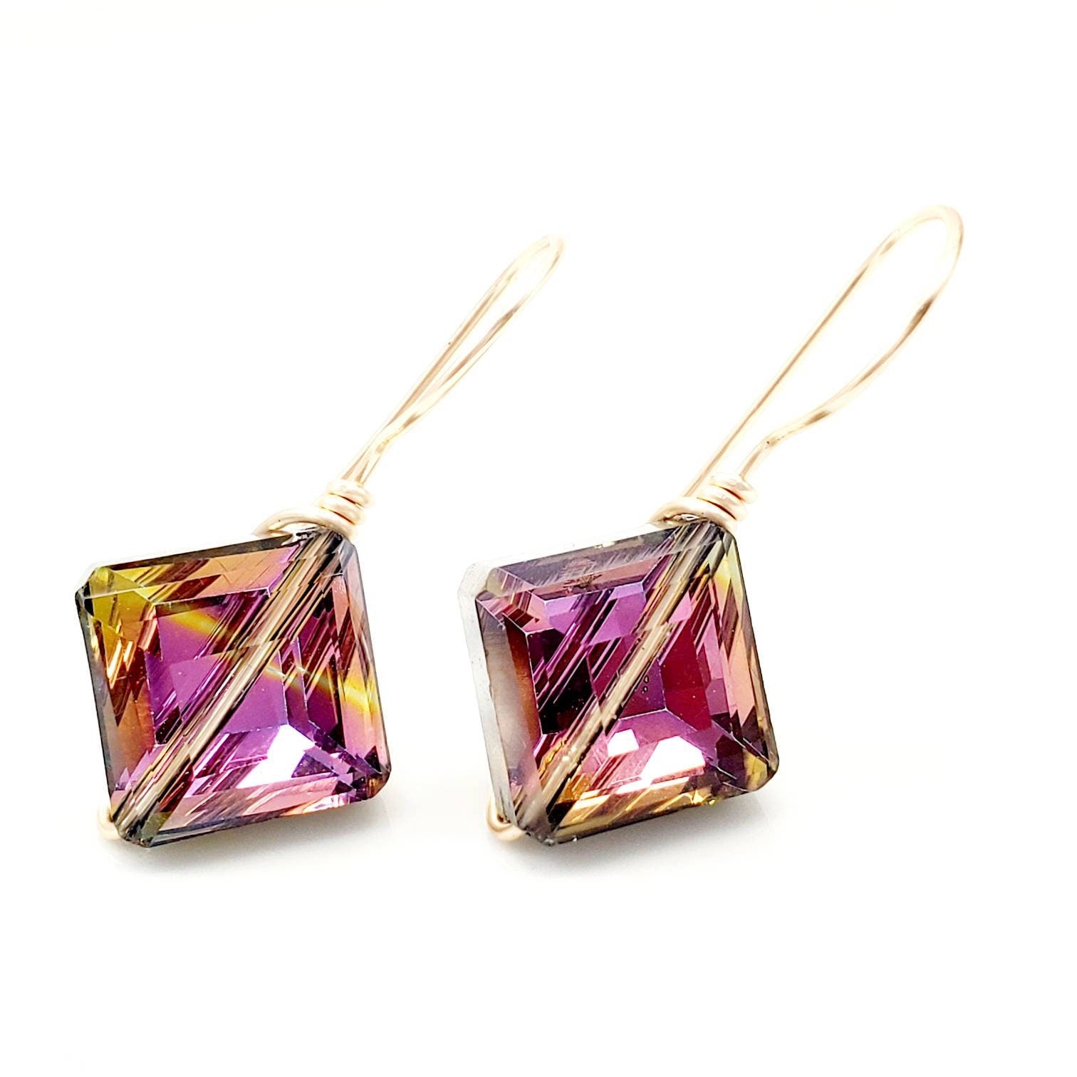 Rhombus Crystal Earrings, asymmetrical earrings, Semi precious stone earrings, Geometric minimal earrings, Rainbow crystal earrings