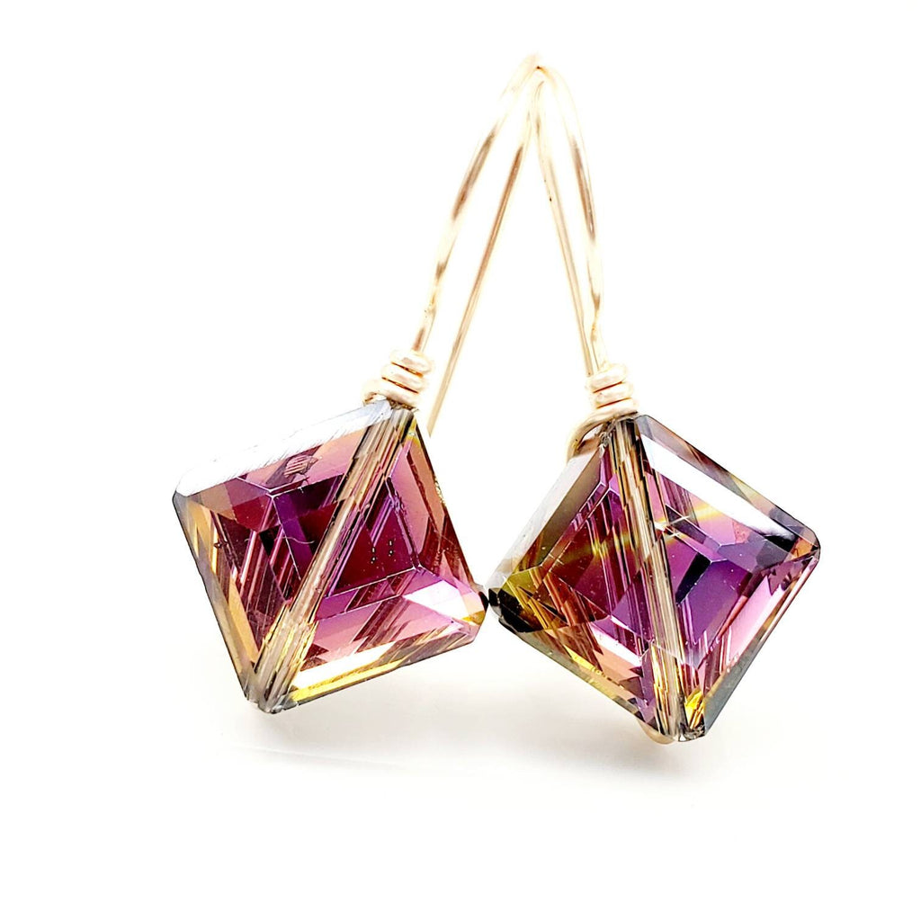 Rhombus Crystal Earrings, asymmetrical earrings, Semi precious stone earrings, Geometric minimal earrings, Rainbow crystal earrings