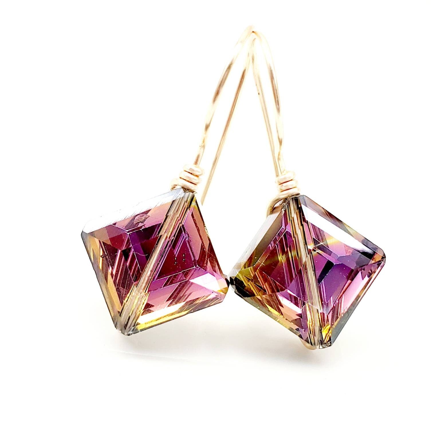 Rhombus Crystal Earrings, asymmetrical earrings, Semi precious stone earrings, Geometric minimal earrings, Rainbow crystal earrings