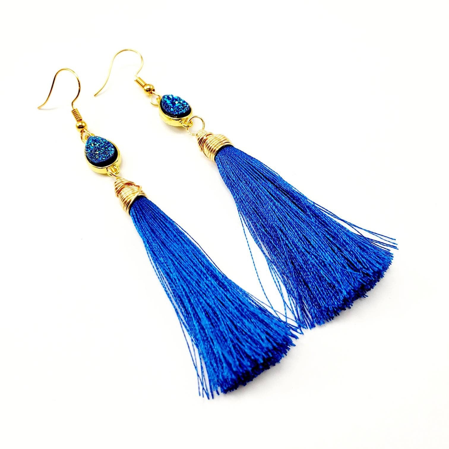 Blue tassel Druzy Earrings, Waterfall Earrings, Statement Tassel Earrings, Gold Fringe EarringsBridesmaid earring, Bridal earring,
