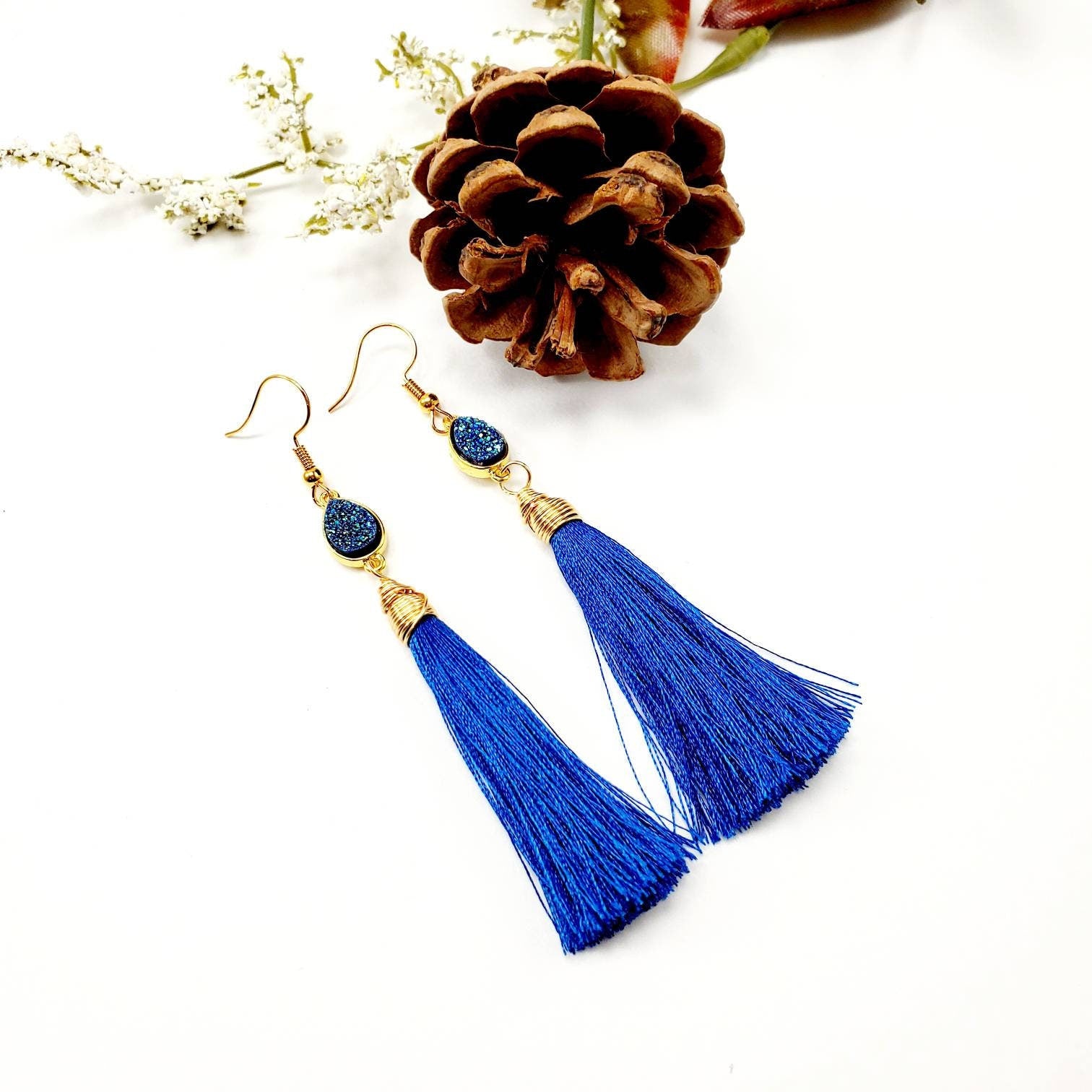 Blue tassel Druzy Earrings, Waterfall Earrings, Statement Tassel Earrings, Gold Fringe EarringsBridesmaid earring, Bridal earring,