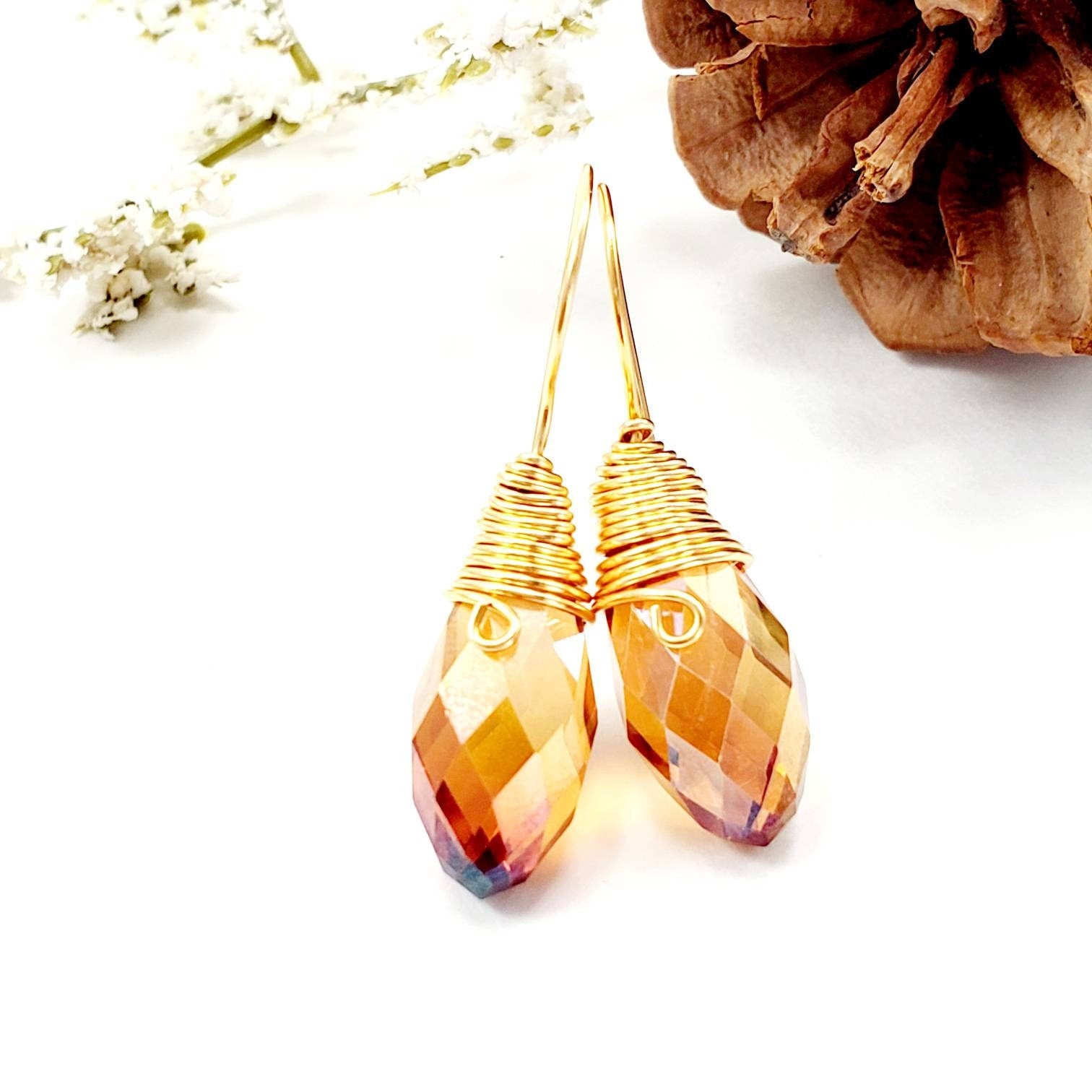 Amber Crystal Earrings Dangle, Drop dangle earrings, Baltic amber, Honey earrings, Simple everyday ear, Amber yellow, Sparkly earrings