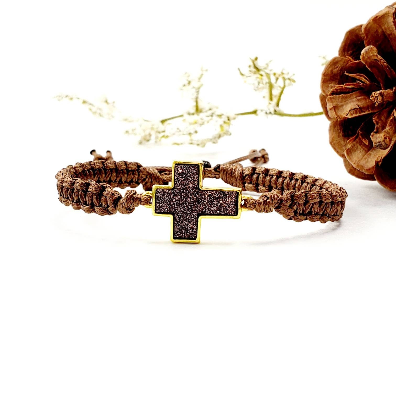 Dainty Cross Bracelet, Charm Bracelet Cross, Waterproof Bracelet, Wax Cord Bracelet, Macrame Bracelet, matching bracelets, Giftful-for Him