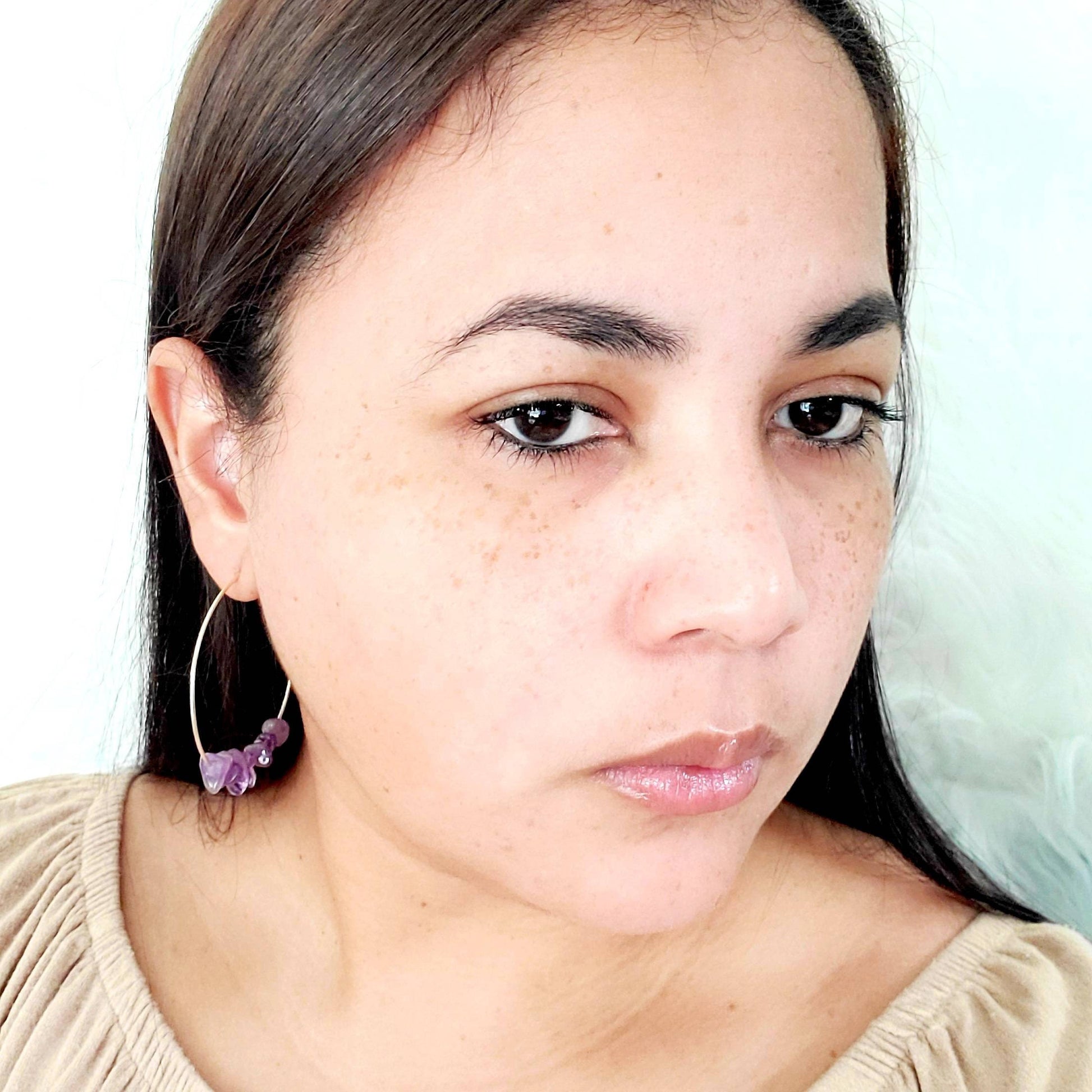 Amethyst Thin hoop earrings, Crystal hoop earrings, minimalistic hoop earrings, gifted earring, giftful daughter, gift for- her,wife  gifted