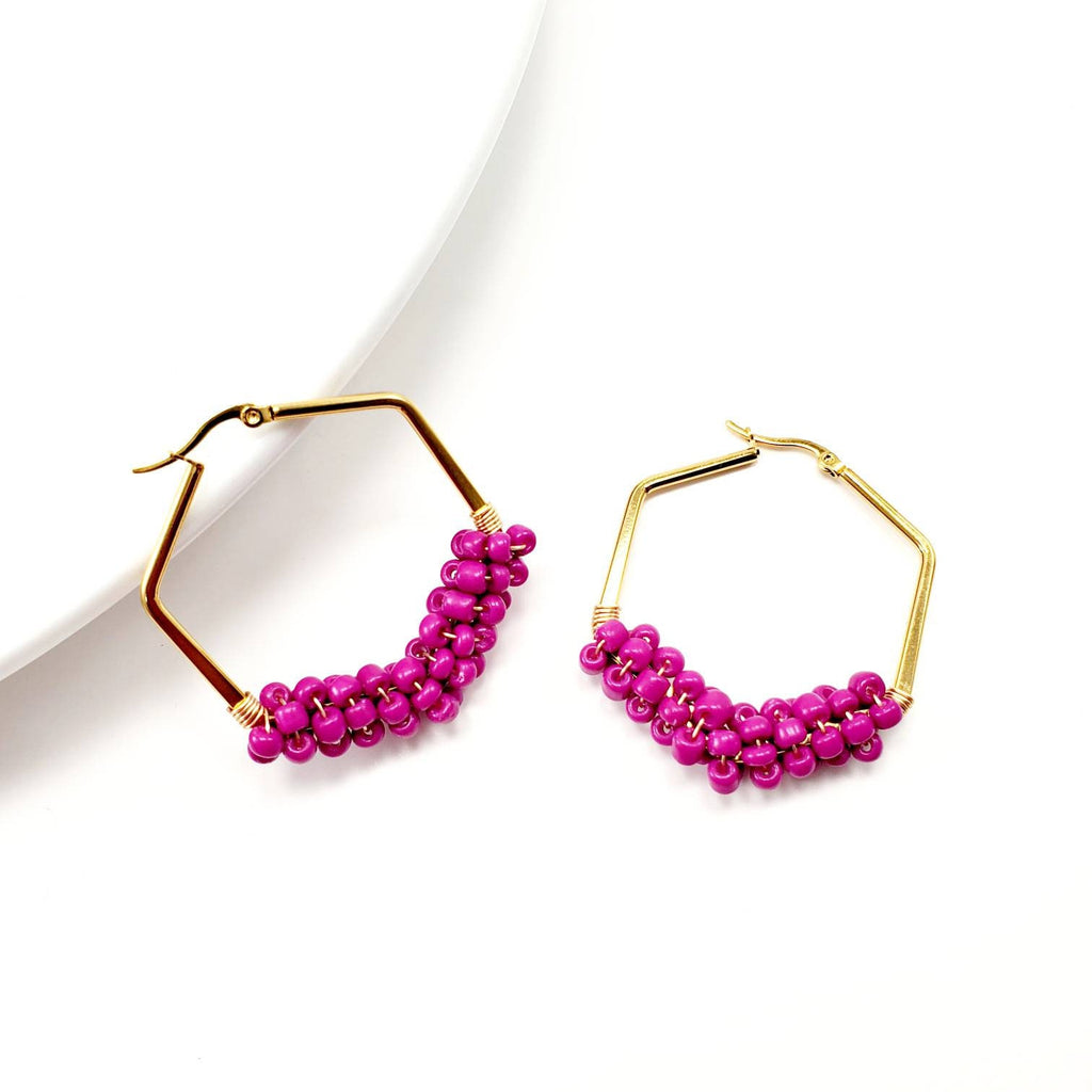 Dainty Hot Pink Hoop Beaded Earrings, Thick hoop earrings, Chunky earrings hoop, Gold filled hoops, Fuchsia Earrings, Earring for hers Wife