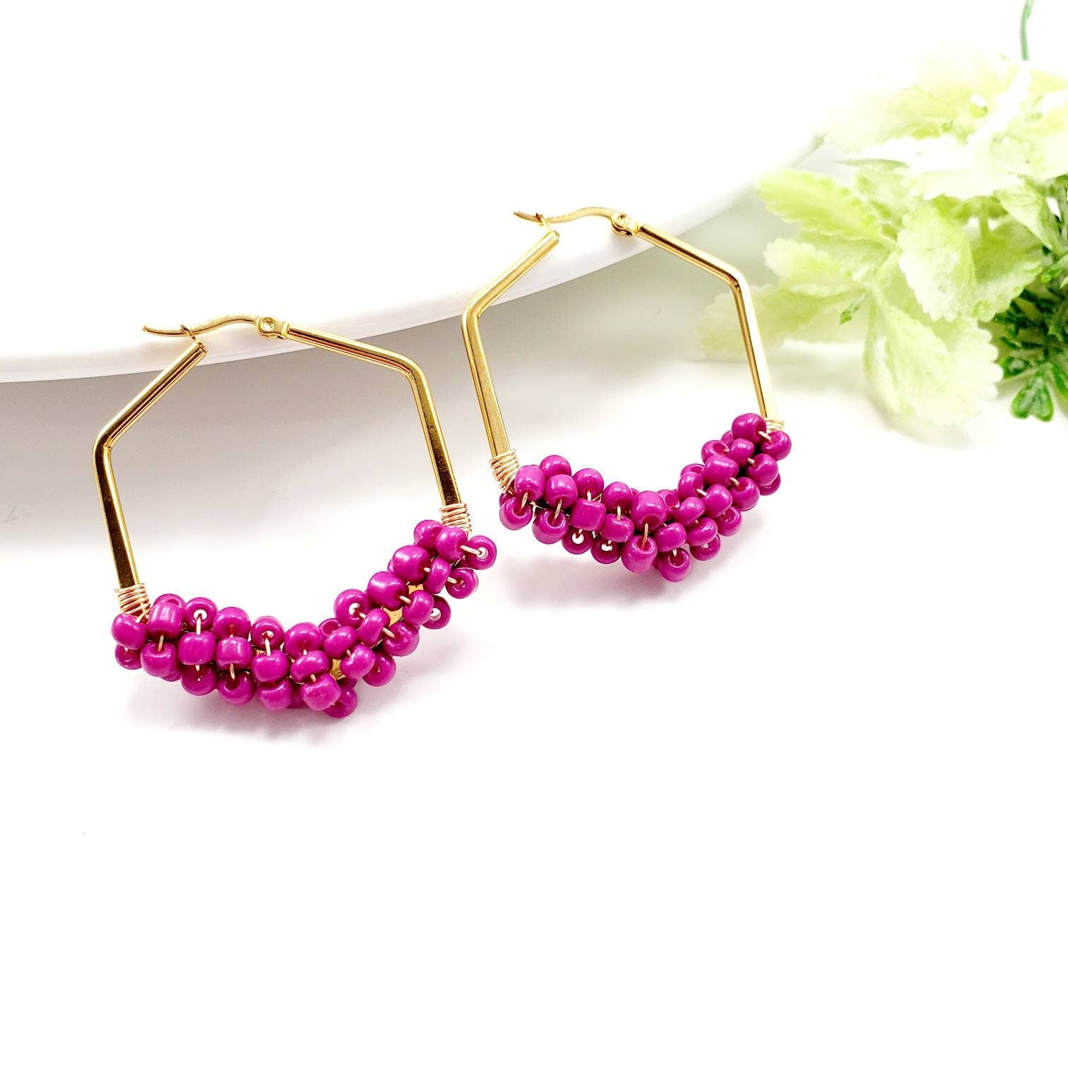 Dainty Hot Pink Hoop Beaded Earrings, Thick hoop earrings, Chunky earrings hoop, Gold filled hoops, Fuchsia Earrings, Earring for hers Wife