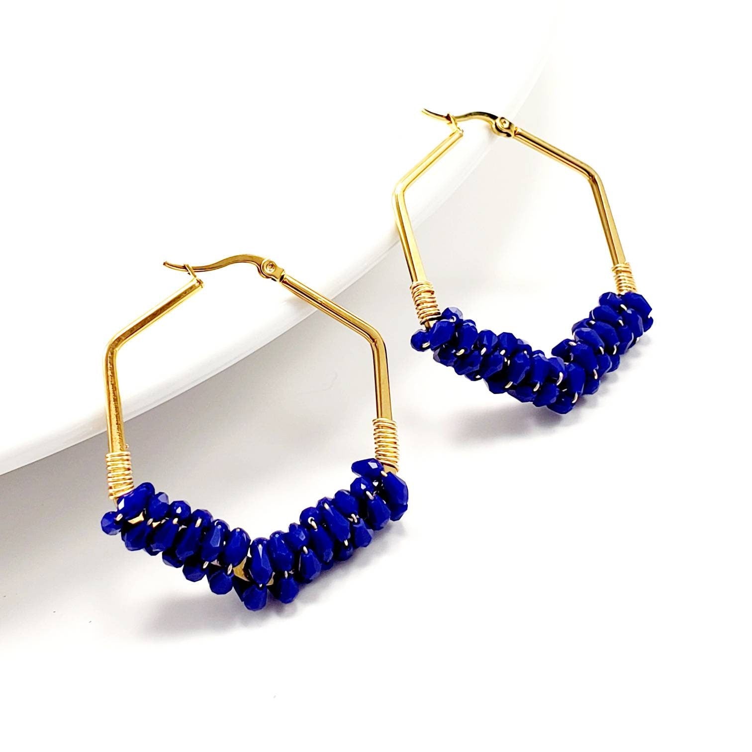 Hexagon earrings, Chunky hoop earrings, Thick gold hoop earrings, Navy blue earrings, Dark blue earrings, gifted bride giftful