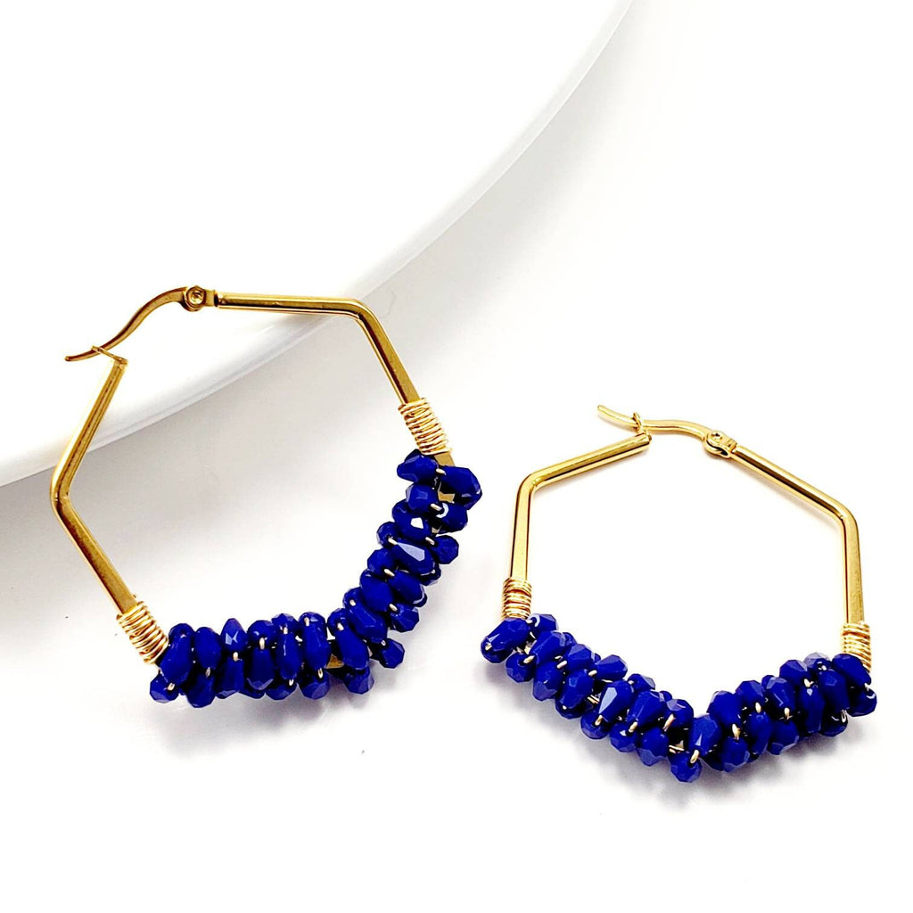 Hexagon earrings, Chunky hoop earrings, Thick gold hoop earrings, Navy blue earrings, Dark blue earrings, gifted bride giftful