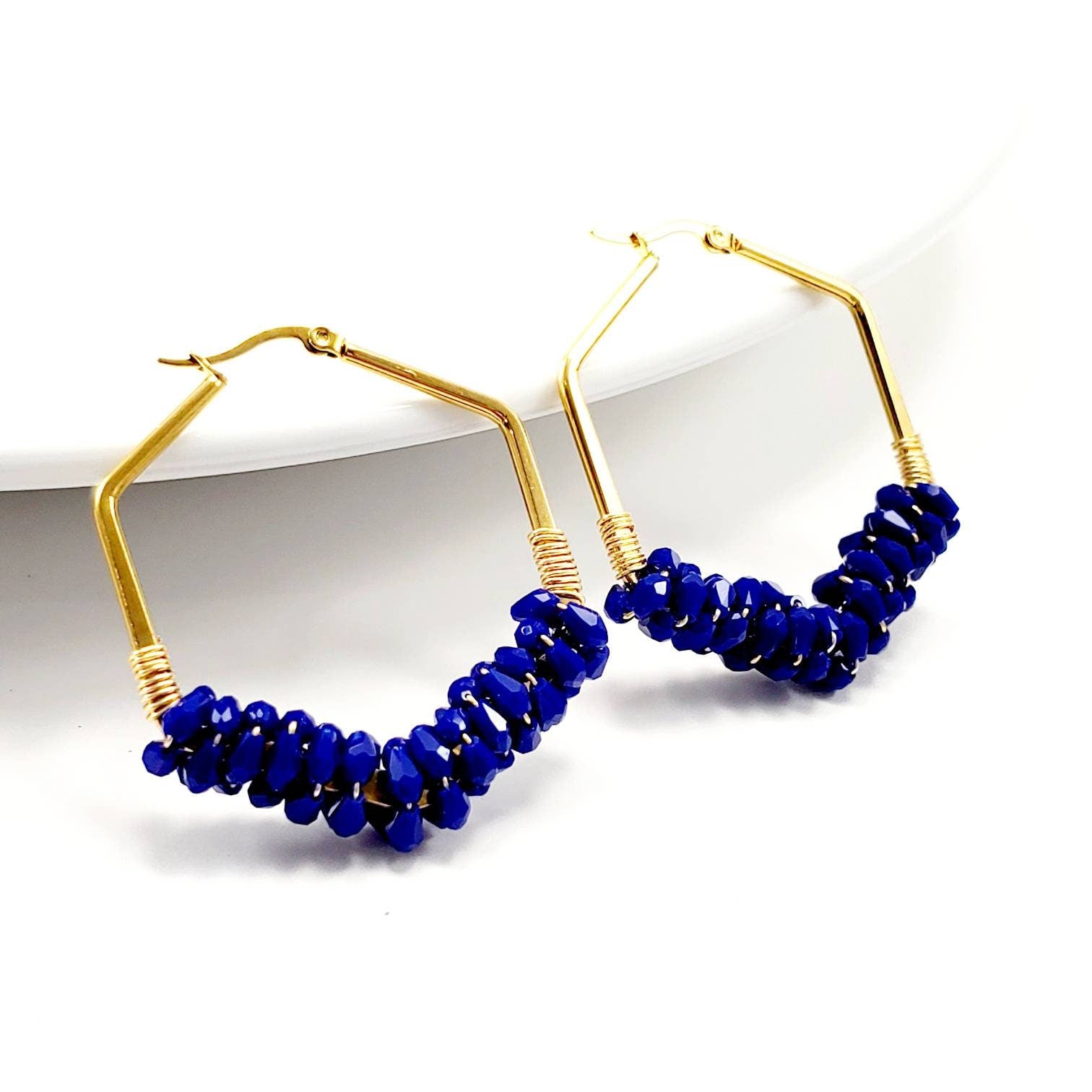Hexagon earrings, Chunky hoop earrings, Thick gold hoop earrings, Navy blue earrings, Dark blue earrings, gifted bride giftful