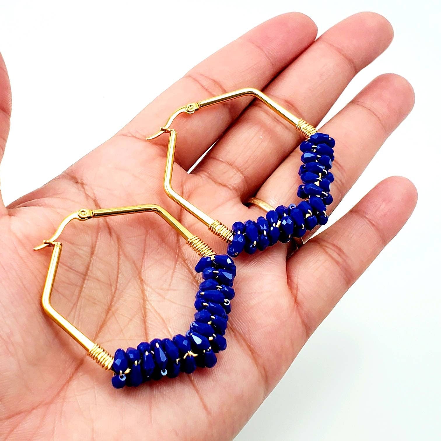 Hexagon earrings, Chunky hoop earrings, Thick gold hoop earrings, Navy blue earrings, Dark blue earrings, gifted bride giftful