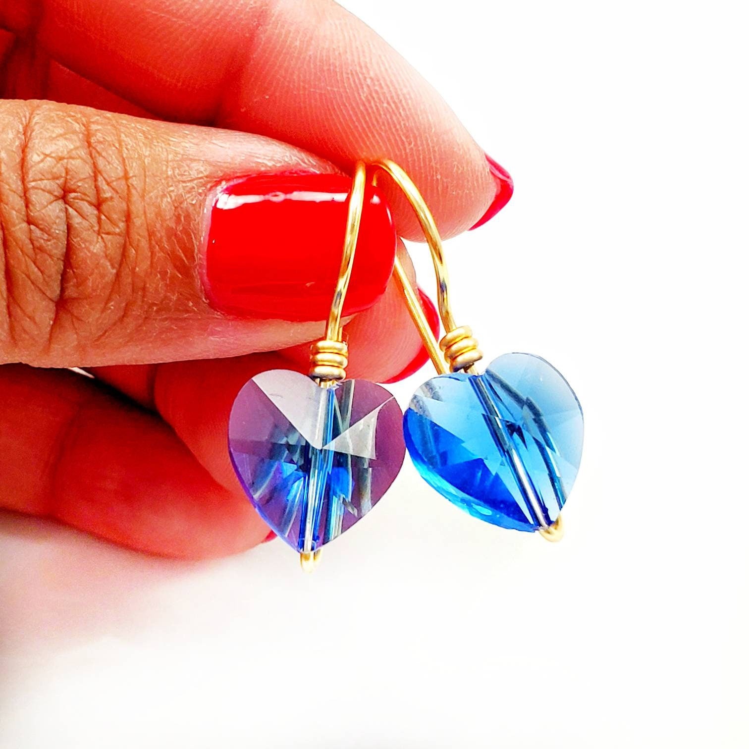 Blue Crystal Heart Earrings, Huggie earrings, Delicate earrings, Tiny drop earrings, Tiny stud earrings, Mother in law gift from bride