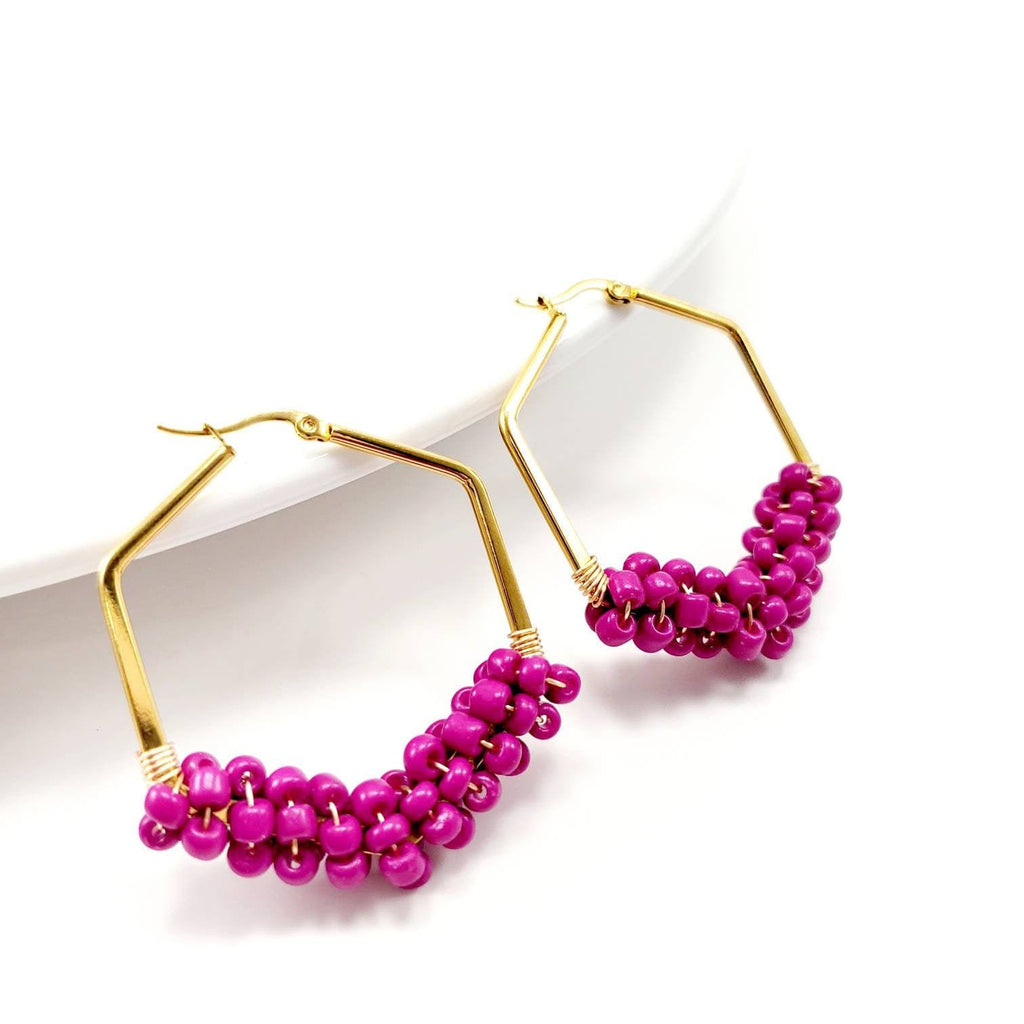 Dainty Hot Pink Hoop Beaded Earrings, Thick hoop earrings, Chunky earrings hoop, Gold filled hoops, Fuchsia Earrings, Earring for hers Wife
