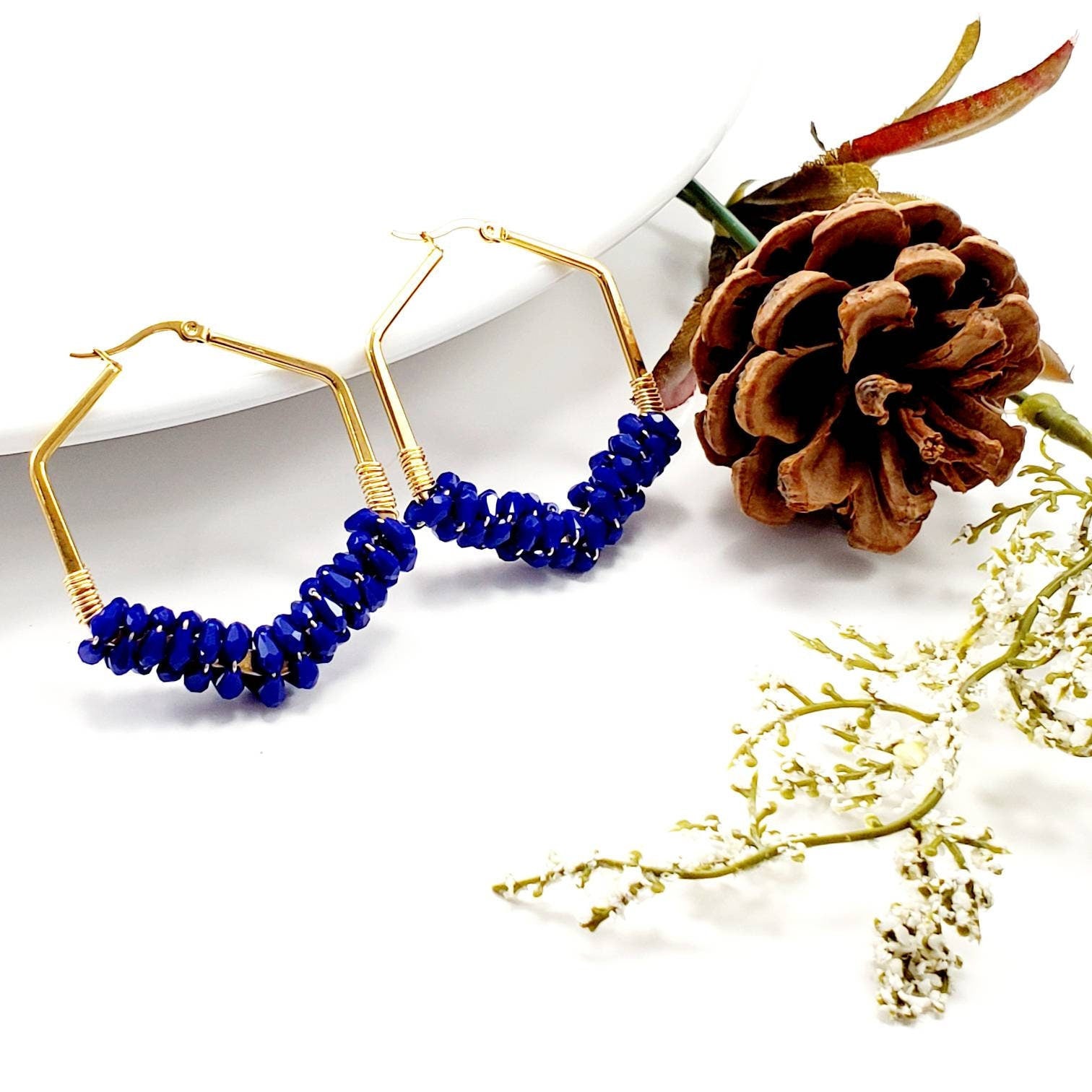 Hexagon earrings, Chunky hoop earrings, Thick gold hoop earrings, Navy blue earrings, Dark blue earrings, gifted bride giftful